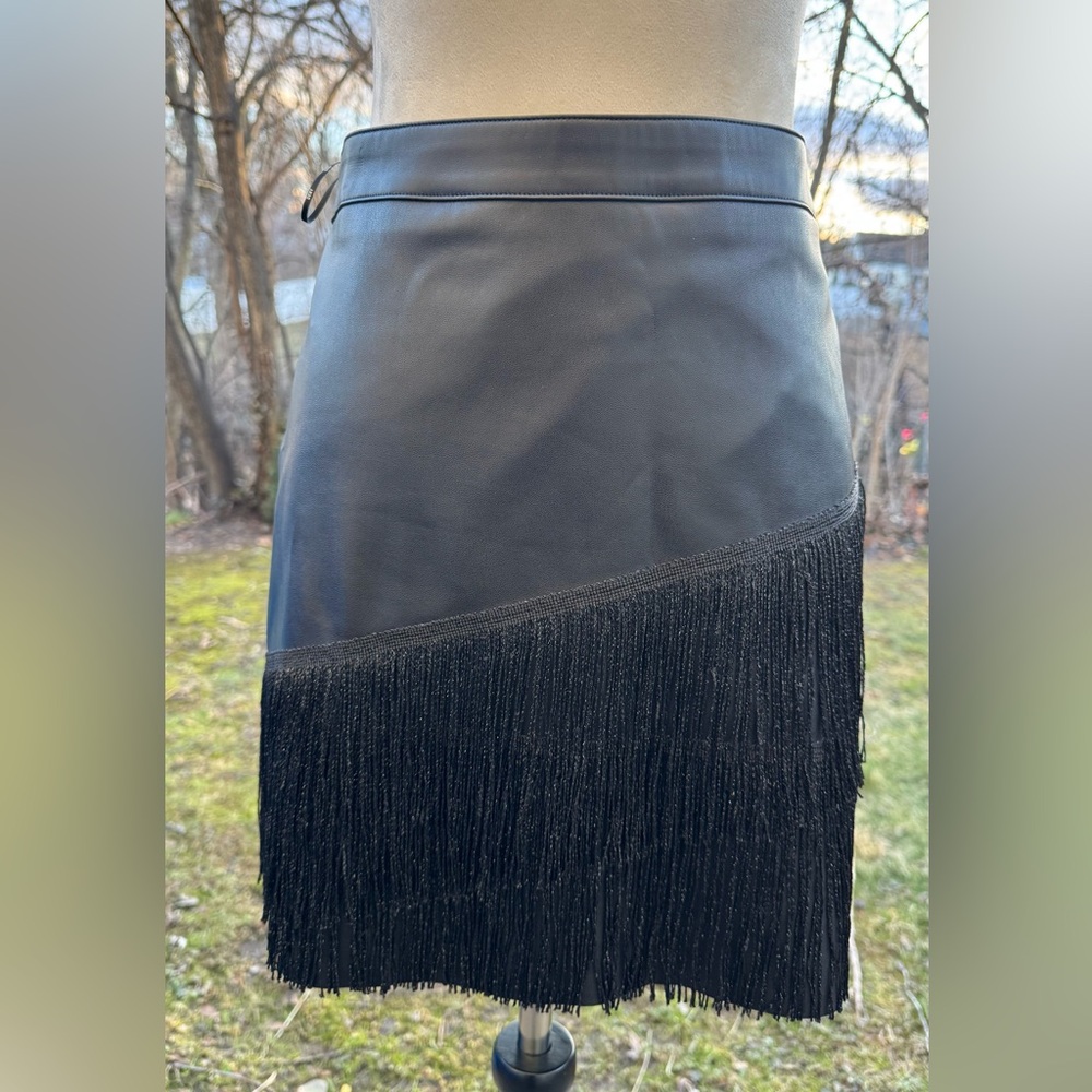 DKNY Womens Fringe Faux Leather Mini Skirt Black Size 10